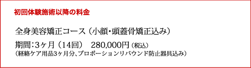 初回体験施術移行の料金
全身美容矯正コース(小顔・頭蓋骨矯正込み)
期間:3ヶ月(14回)280,000円(税込)
(経路ケア用品3ヶ月分、プロポーションリバウンド防止器具込み)