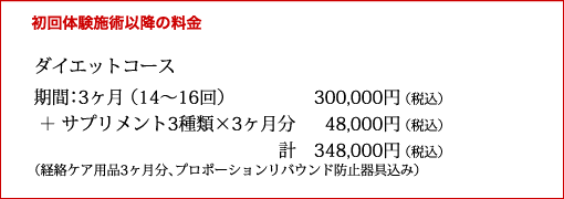 初回体験施術移行の料金
ダイエットコース
期間:3ヶ月(14～16回)300,000円(税込)
+サプリメント3種類×3ヶ月分48,000円(税込)
計348,000円(税込)
(経路ケア用品3ヶ月分、プロポーションリバウンド防止器具込み)