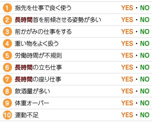 1.指先を仕事で良く使う
2.長時間首を前傾させる姿勢が多い
3.前かがみの仕事をする
4.重い物をよく扱う
5.労働時間が不規則
6.長時間の立ち仕事
7.長時間の座り仕事
8.飲酒量が多い
9.体重オーバー
10.運動不足